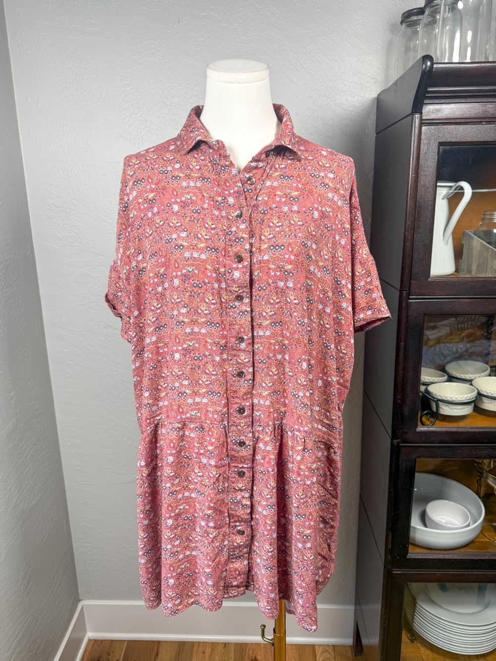 Natural Life Rust Floral Boho Button Front Drop Waist Shirt Dress Size L/XL